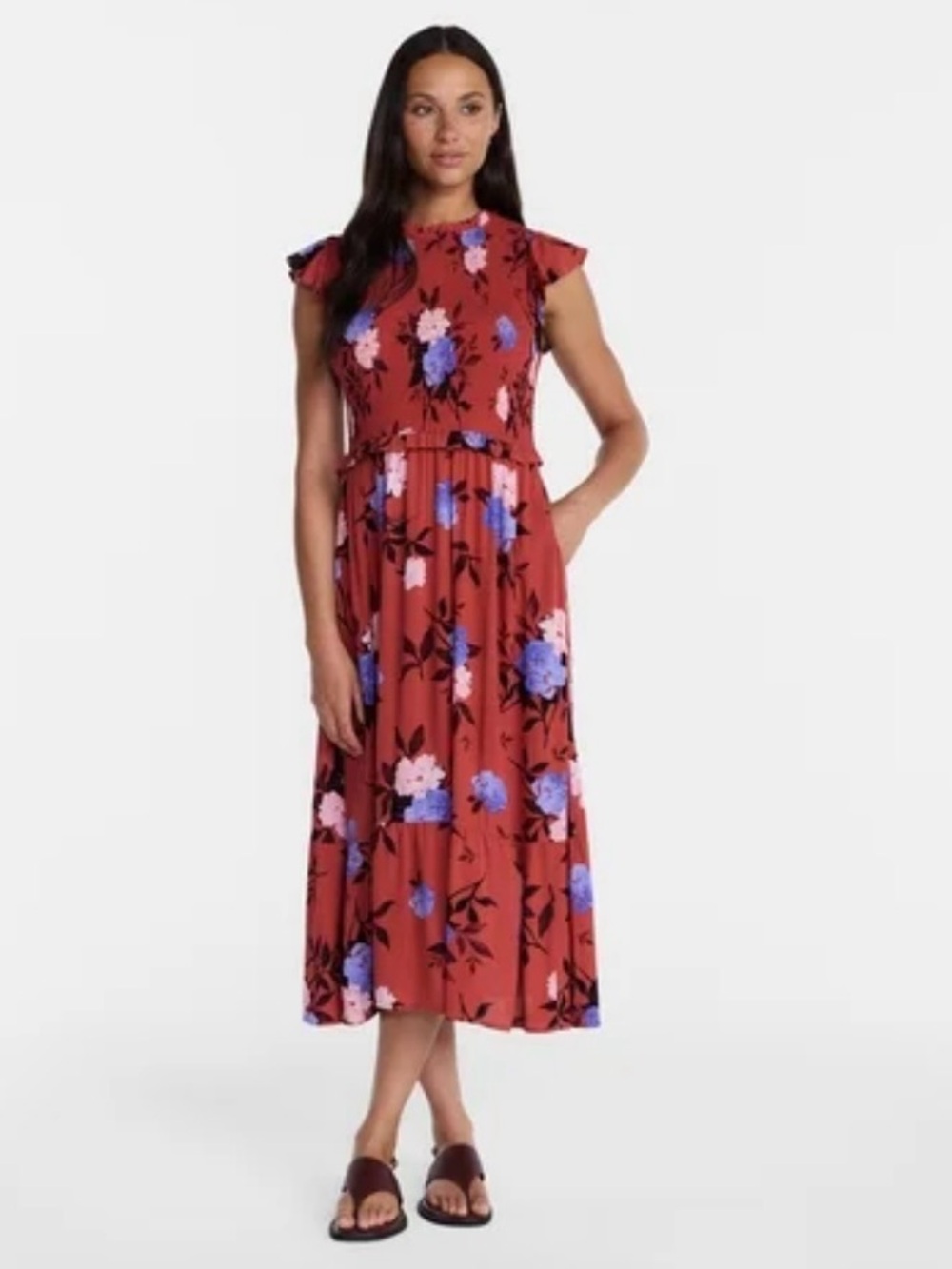 Time and Tru Rust Red Floral Midi Dress with Blue & Pink Blooms, size L